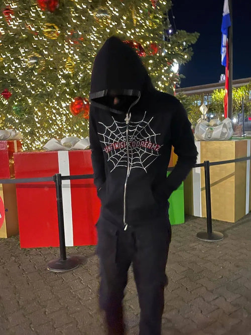 Spider Web Rhinestones Zip-Up Hoodies active street wear for men or women Stashed cav