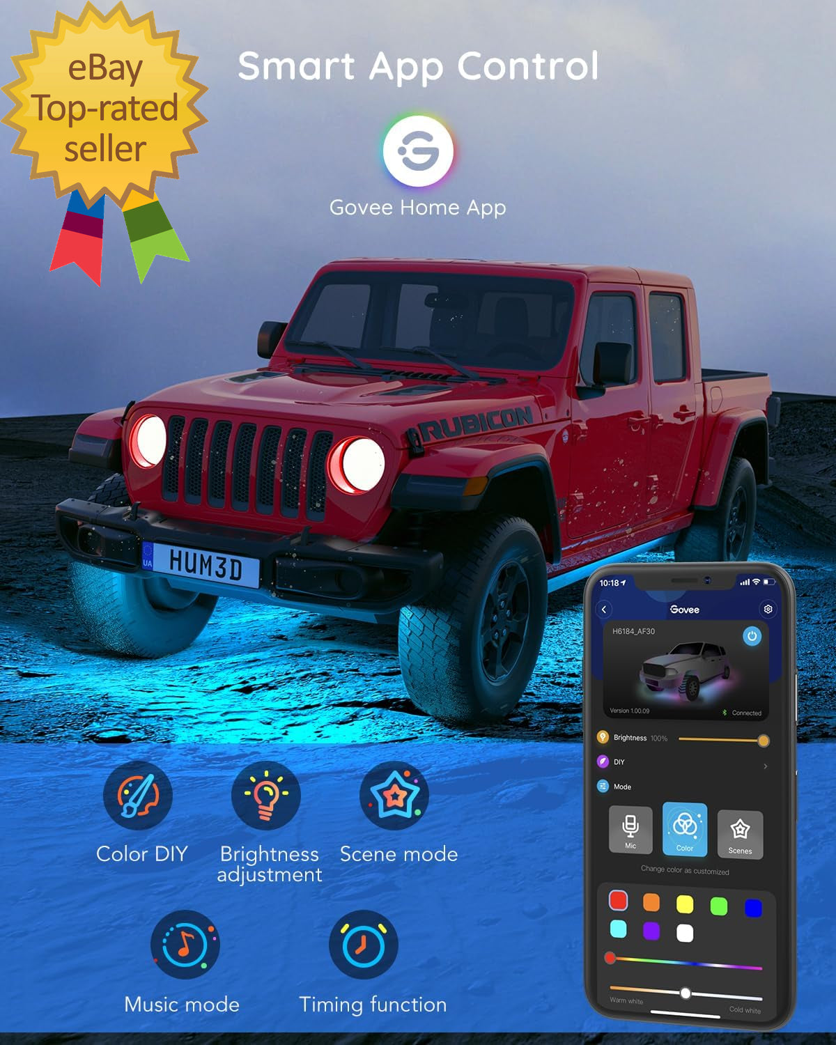 Underglow Car Lights 4Pcs RGBIC Smart LED Lights for Cars with 16 Million Colors