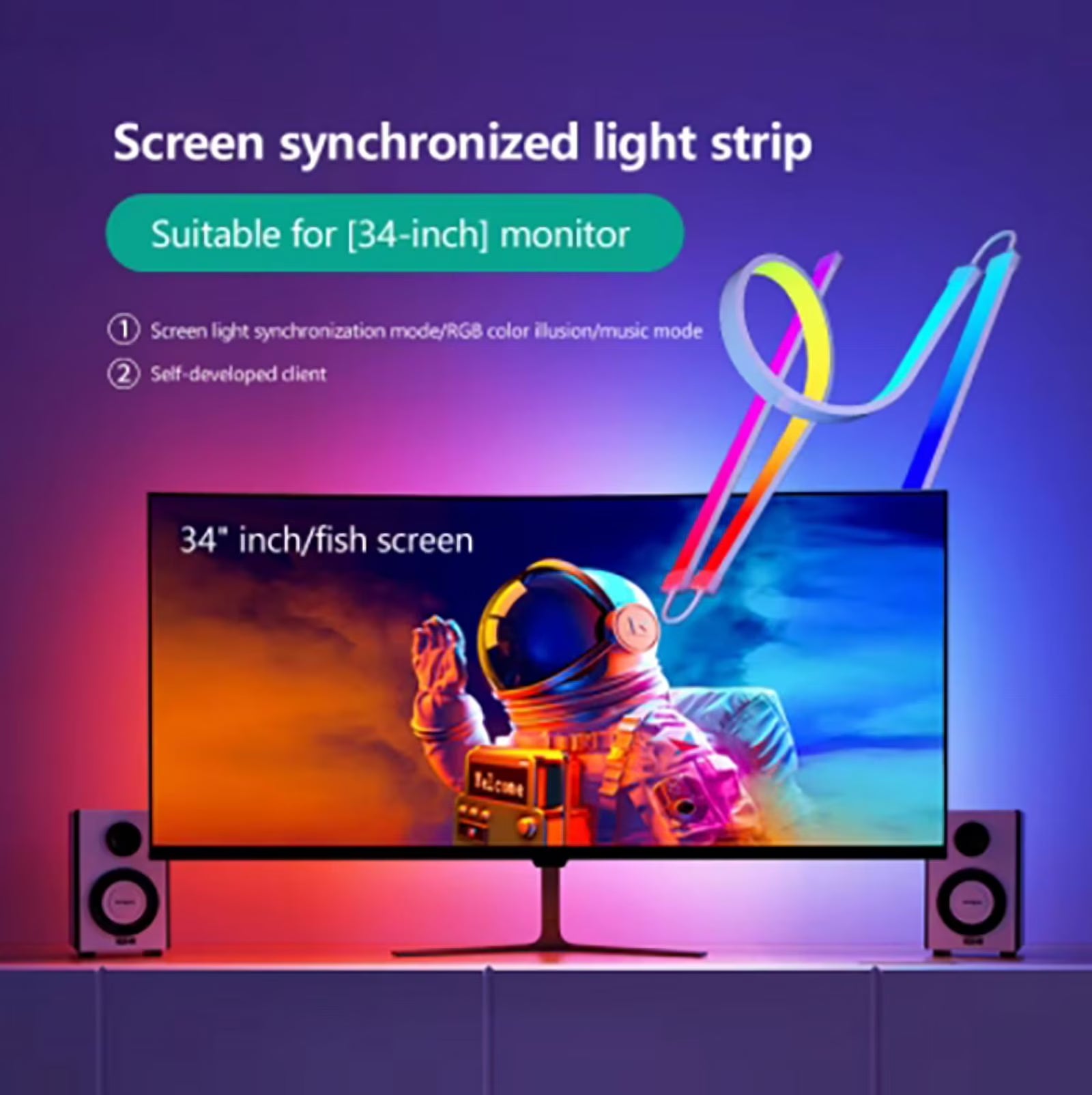 Color Music Game Sync 24" Screen Gaming Amosphere Ambient Smart TV Monitor LED Strip Backlight Light for Computer Screen (34Inch)