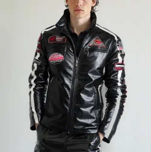 Mens Biker Vegan Leather Jacket With Badges Stashed cav
