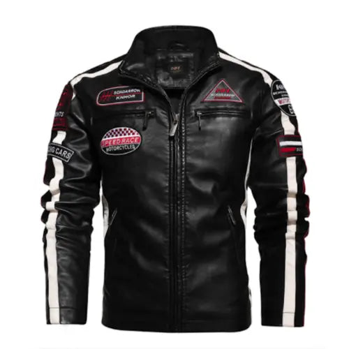 Mens Biker Vegan Leather Jacket With Badges Stashed cav