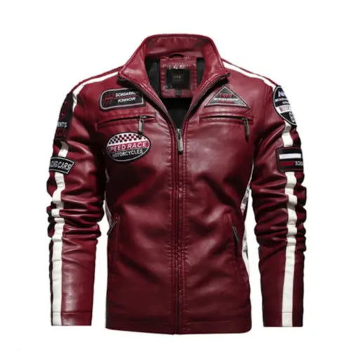 Mens Biker Vegan Leather Jacket With Badges Stashed cav
