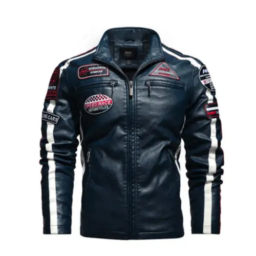 Mens Biker Vegan Leather Jacket With Badges Stashed cav