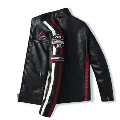Mens Biker Vegan Leather Jacket With Badges Stashed cav