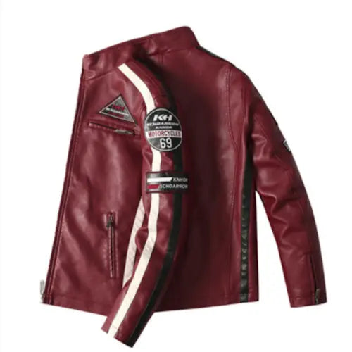 Mens Biker Vegan Leather Jacket With Badges Stashed cav