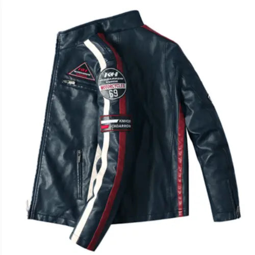 Mens Biker Vegan Leather Jacket With Badges Stashed cav