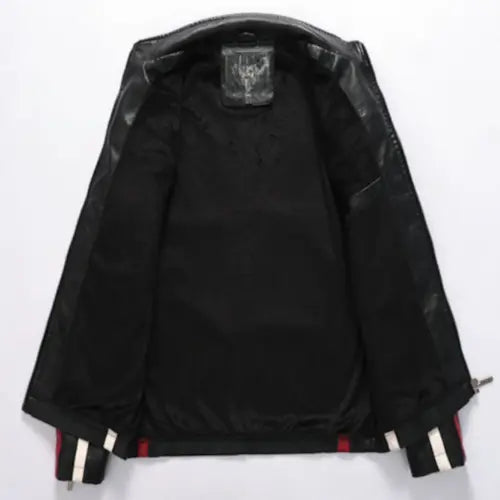 Mens Biker Vegan Leather Jacket With Badges Stashed cav