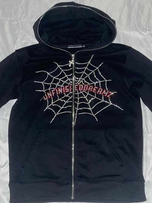 Spider Web Rhinestones Zip-Up Hoodies active street wear for men or women Stashed cav