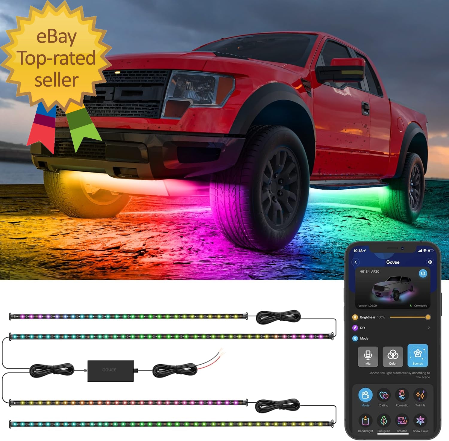 Underglow Car Lights 4Pcs RGBIC Smart LED Lights for Cars with 16 Million Colors